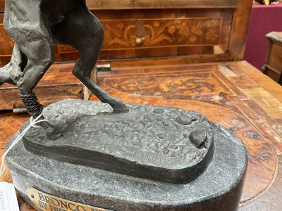 Lot 846 - After Frederick Sackrider Remington - bronze figure of 'Bronco Buster' on titled marble plinth, 16cm wide