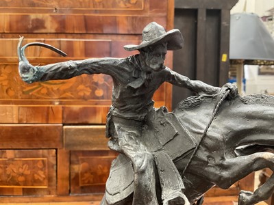 Lot 846 - After Frederick Sackrider Remington - bronze figure of 'Bronco Buster' on titled marble plinth, 16cm wide