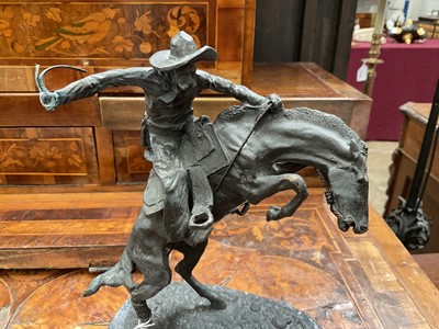 Lot 846 - After Frederick Sackrider Remington - bronze figure of 'Bronco Buster' on titled marble plinth, 16cm wide