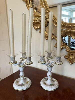 Lot 173 - Pair of Herend three-branch candlesticks in the Queen Victoria pattern, 13cm high