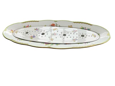 Lot 332 - Large Herend Queen Victoria pattern fish platter, with removable drainer, 60cm long, printed marks