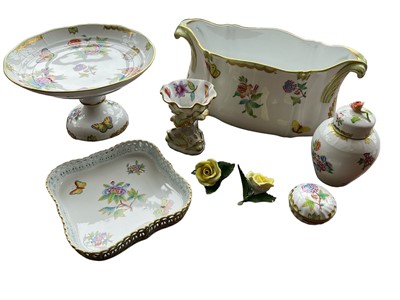 Lot 335 - Group of Herend Queen Victoria pattern tablewares including jardinière, tazza, galleried tray, caddy and cover, pedestal salt, pot and cover and two rose place settings. (10)