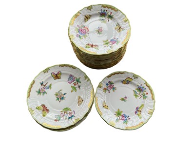 Lot 338 - Set of fourteen Herend Queen Victoria pattern dinner saucer dishes, 16cm diameter, a mixture of English and American pattern variants, together with two others slightly larger