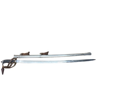 Lot 951 - 1930s 1821 Pattern possibly Indian Light Cavalry N.C.Os sword by Wilkinson Sword, London with nickel plated three bar hilt, plain curved fullered blade in nickel plated scabbard with leather dress...