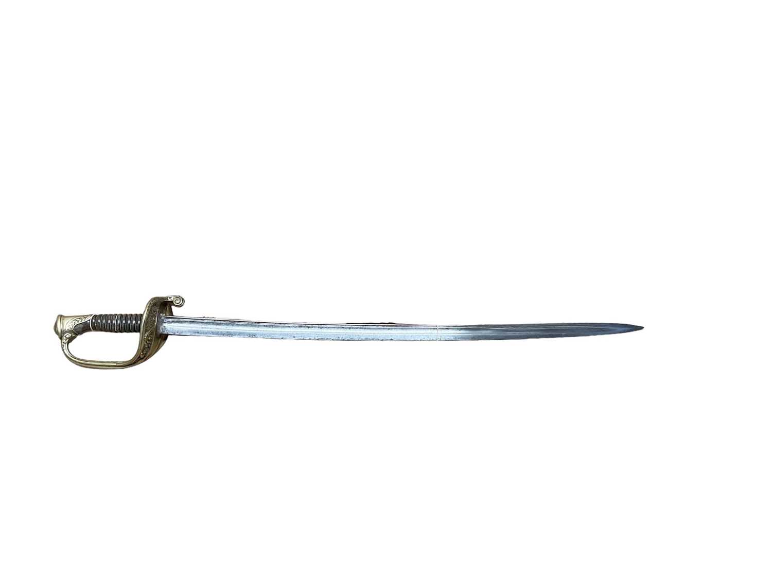 Lot 952 - Mid-19th century French infantry Officers sword with brass foliate scroll decorated guard, horn grip, double fullered curved blade ( no scabbard)