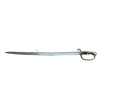 Lot 952 - Mid-19th century French infantry Officers sword with brass foliate scroll decorated guard, horn grip, double fullered curved blade ( no scabbard)