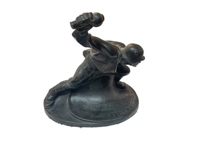 Lot 753 - Interesting bronzed metal figure of a First World War German soldier, crouching in uniform with grenade, the base marked '7 Korps Kmdo weinachten Im fielde 1917, 21cm in height