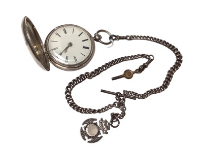 Lot 165 - Victorian silver full hunter pocket watch (London 1840) with movement signed Hammond, Haddesdon, No. 10684, on a silver watch chain with silver fob and winding key