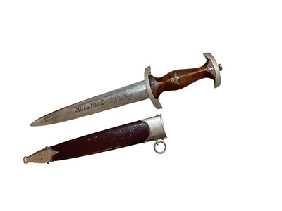 Lot 955 - Nazi SA man's dagger by Anton Wingen JR, Solingen, etched blade ' Alles fur Deutschland' in brown enamelled scabbard with nickel mounts