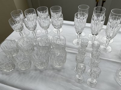 Lot 321 - Set of Waterford crystal 'Kildare' pattern glassware, comprising six champagne flutes, eight wine glasses, eight sherry glasses, eight tumblers, eight double old-fashioned glasses, three dessert bo...