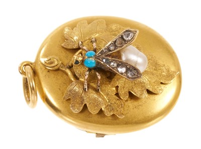 Lot 508 - Victorian gold diamond pearl and turquoise locket with flying insect and textured gold oak leaves