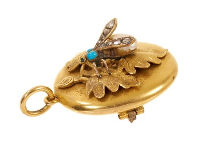 Lot 508 - Victorian gold diamond pearl and turquoise locket with flying insect and textured gold oak leaves
