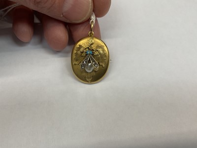 Lot 508 - Victorian gold diamond pearl and turquoise locket with flying insect and textured gold oak leaves