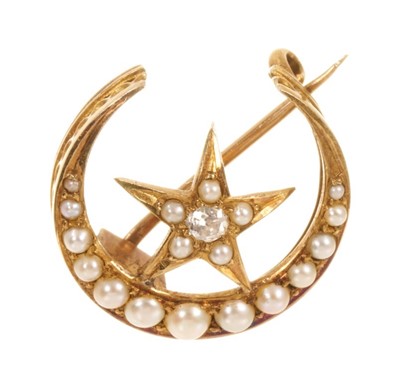 Lot 506 - Victorian gold diamond and seed pearl star and cresent brooch