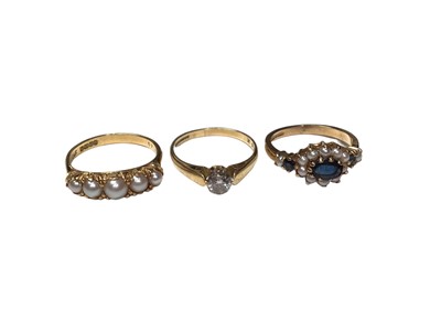 Lot 239 - Diamond single stone ring in 18ct gold setting, Victorian style 18ct gold five stone cultured pearl ring and a 9ct gold sapphire and cultured pearl ring (3)