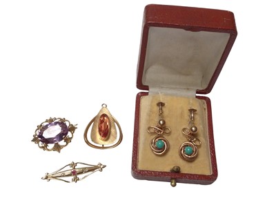 Lot 173 - Pair of 9ct gold turquoise pendant drop screw back earrings, 9ct gold mounted amethyst brooch, yellow metal bar brooch and 1970s yellow metal gem set pendant