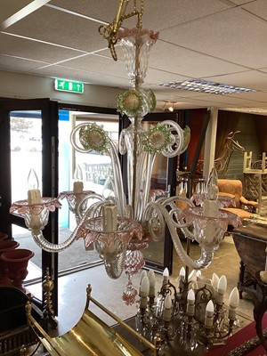 Lot 1162 - Bespoke Murano glass chandelier in rose and green tinted glass chandelier