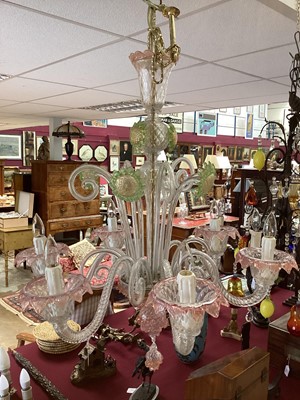 Lot 1162 - Bespoke Murano glass chandelier in rose and green tinted glass chandelier