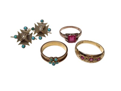 Lot 206 - Pair of antique turquoise and seed pearl earrings, Victorian yellow metal turquoise flower head ring, 9ct gold gem set gypsy ring and one other gem set ring