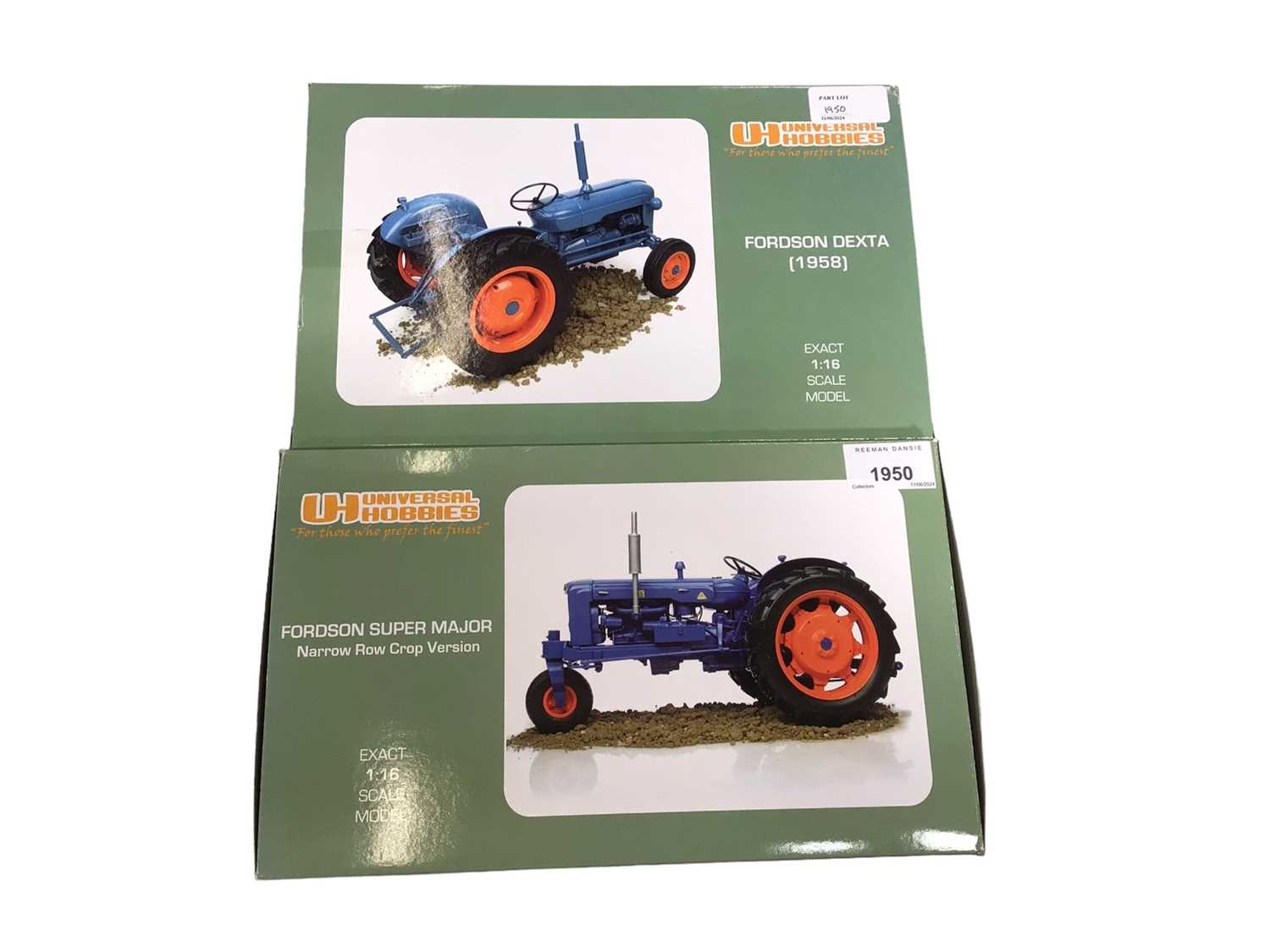 Lot 1950 - Universal Hobbies scale 1:16 Fordson Super Major Narrow Row Crop Version tractor plus Fordson Dexta 1958 tractor.