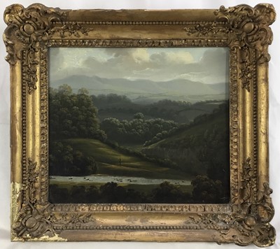 Lot 45 - English School, 19th century, oil on canvas - figure in an extensive landscape, 25cm x 28cm, in gilt frame