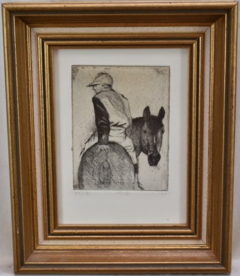 Lot 1033 - M.B., late 20th century signed limited edition etching - Jockey and Horse, 88/150, dated '97, 18cm x 13cm, in glazed gilt frame