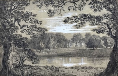 Lot 46 - English School, early 19th century, charcoal and chalk drawing depicting The Old Stone Lodge, Richmond Park, inscribed verso, 11.5cm x 17.5cm, in glazed gilt frame