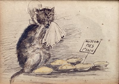 Lot 48 - Charming late 19th/early 20th century pen, ink and watercolour illustration - A Cat and Mutton Pies, 7cm x 9.5cm, in glazed gilt frame