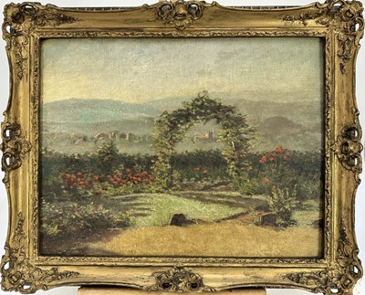 Lot 41 - English School, early 20th century oil on canvas board - View through garden arch to landscape beyond, 34cm x 44cm, in gilt frame