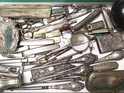 Lot 212 - Group of silver and other items including various penknives and fruit knives, propelling pencils, button hooks, cigar cutters