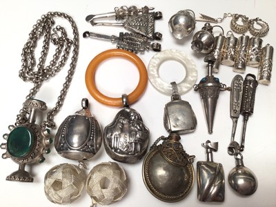 Lot 215 - Silver and white metal snuff bottles, sterling silver baby's rattle/teether and two others, together with various other white metal items