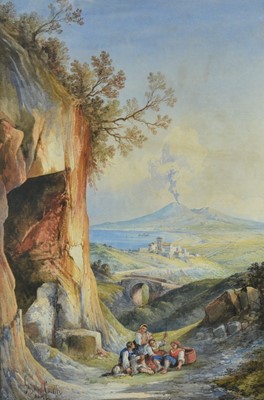 Lot 954 - Gonsalvo Carreli (1818-1900) watercolour - Extensive Landscape, Napoli, signed and inscribed, 54cm x 36cm, in glazed gilt frame