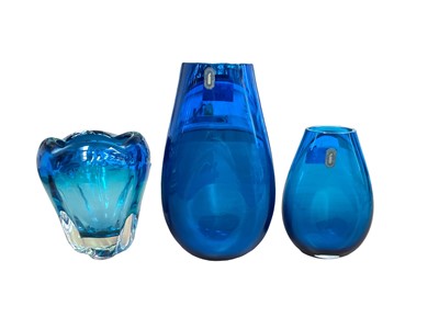 Lot 1192 - Two Whitefriars Kingfisher blue dimple vases, both with original labels, together with a molar vase (3)