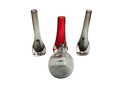 Lot 1194 - Two Whitefriars tricorn vases, together with a dimple vase and a Ruby hambone vase (4)