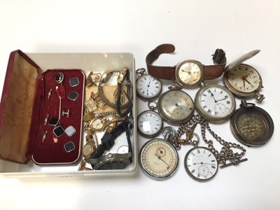 Lot 231 - Two silver fob watches, one with a silver watch chain, Continental white metal fob watch, together with other vintage pocket and wristwatches