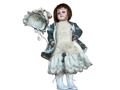 Lot 1960 - Doll Limoges France 8 bisque  head, with brown glass sleeping eyes, open mouth and four top teeth showing , pierced ears,  brown wig, wood and composition ball jointed body.