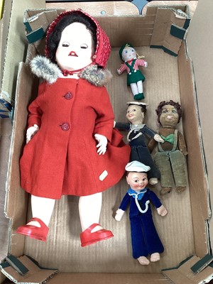 Lot 1963 - Fabric dolls including Norah Wellings sailor doll and one other both with labels, another sailor doll with hat band Belgeland. Small orinetal doll and a large Pedigree doll.