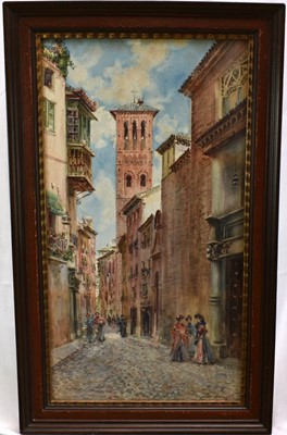 Lot 958 - Manuel Ruiz Sanchez Morales (Spanish 1853-1822) watercolour - City Street, probably Toledo, signed, 64.5cm x 34.5cm, in glazed frame