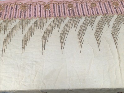 Lot 2111 - 1920's three saleman's beaded samples , beads, spangles and metallic thread on silk crepe