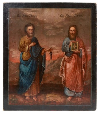 Lot 754 - Greek Icon depicting St Peter and St Paul, Tempera on pine, probably early 19th Century