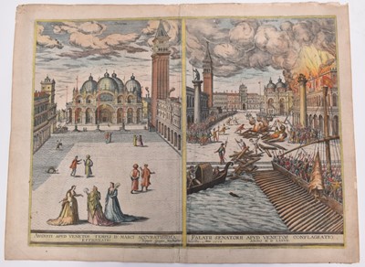 Lot 1066 - George Hoefnagel (1542-1601) and Braun and Hogenberg - Venice Views two panels printed as one, circa 1578, unframed 41cm x 54cm