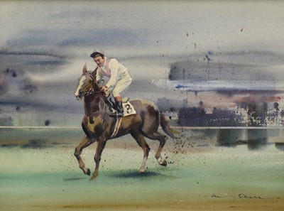 Lot 51 - Harry Sheldon (1923-2002) watercolour - The Winner, signed, 30cm x 41cm, in glazed frame