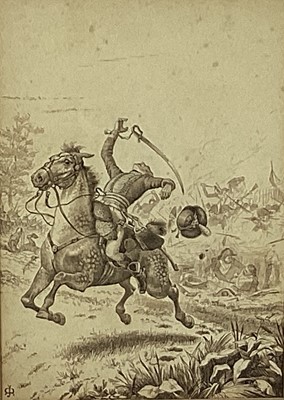 Lot 166 - Pen and ink illustration, late 19th century, early 20th century rider on horseback, signed with mongram bottom left