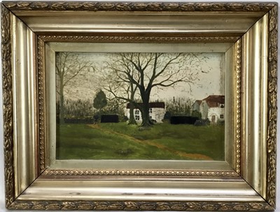 Lot 68 - Naive oil on panel of cottages and trees, 14cm x 21cm, framed