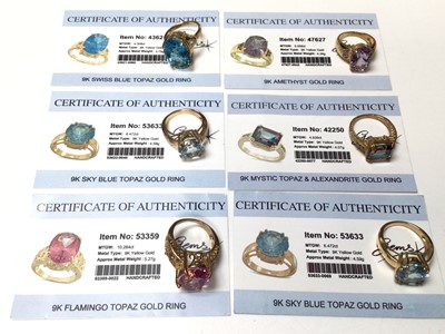 Lot 247 - Six 9ct gold single stone gem set dress rings with Gems TV certificates