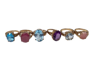 Lot 248 - Six 9ct gold single stone gem set dress rings with Gems TV certificates