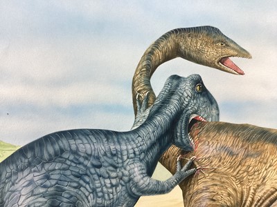 Lot 181 - Tony Gibbons, 20th Century, three original illustrations depicting dinosaurs, each titled, 31cm x 51cm 31cm x 61cm and 37cm x 58cm, unframed