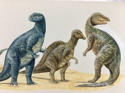 Lot 181 - Tony Gibbons, 20th Century, three original illustrations depicting dinosaurs, each titled, 31cm x 51cm 31cm x 61cm and 37cm x 58cm, unframed