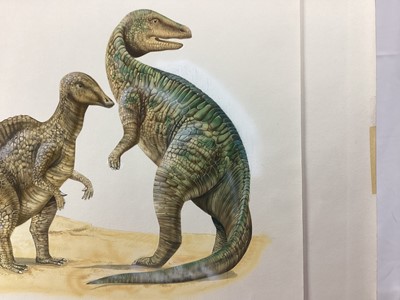 Lot 181 - Tony Gibbons, 20th Century, three original illustrations depicting dinosaurs, each titled, 31cm x 51cm 31cm x 61cm and 37cm x 58cm, unframed