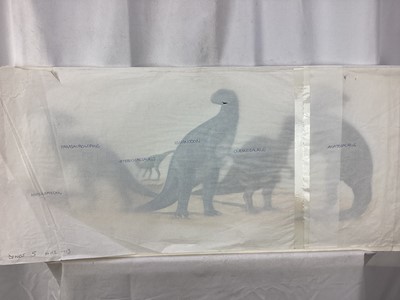 Lot 181 - Tony Gibbons, 20th Century, three original illustrations depicting dinosaurs, each titled, 31cm x 51cm 31cm x 61cm and 37cm x 58cm, unframed